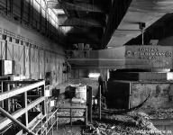 Elektrostahlwerk Oberhausen Blick in die Übergabehalle, im Vordergrund rechts der Pfannendrehturm